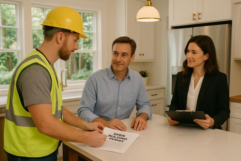 Forest Hills homeowner discussing an open permit with a contractor and real estate agent in a bright kitchen.
