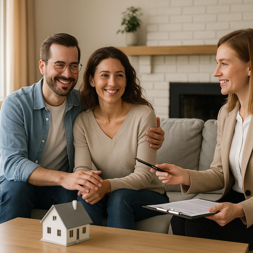 Grand Rapids homeowner and real estate agent reviewing quiet listing activity in a well-presented living room.