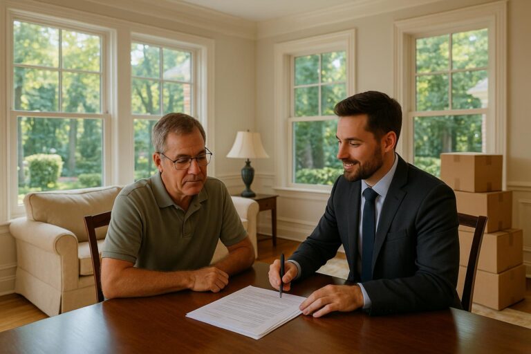 Agent and homeowner discussing sale of inherited Forest Hills home in bright living room