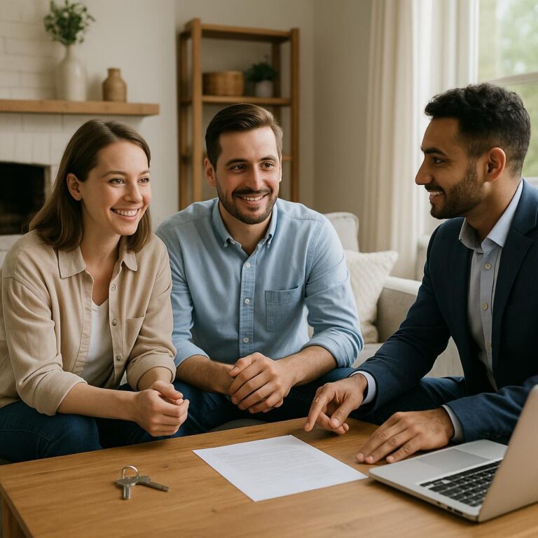 Grand Rapids couple and agent planning move-out timing for a fall home sale in a living room with moving boxes and a calendar.