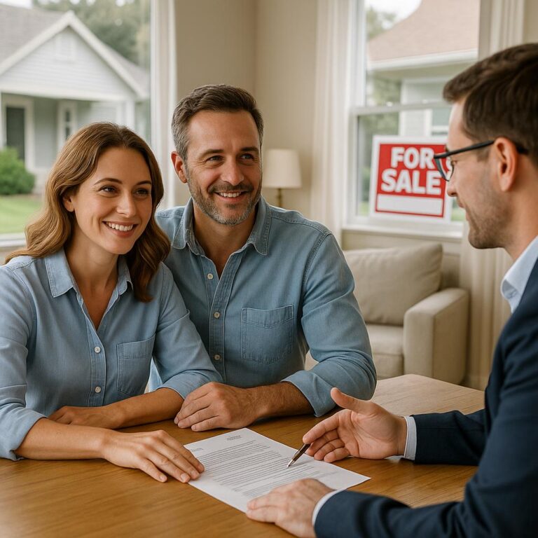 Grand Rapids homeowner and real estate agent reviewing multiple offers at a dining table with fall foliage outside the window.