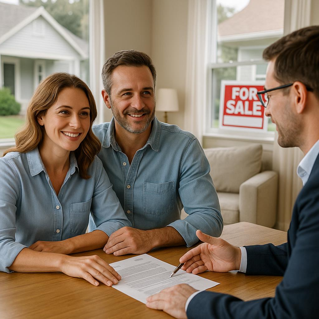 Grand Rapids homeowner and real estate agent reviewing multiple offers at a dining table with fall foliage outside the window.