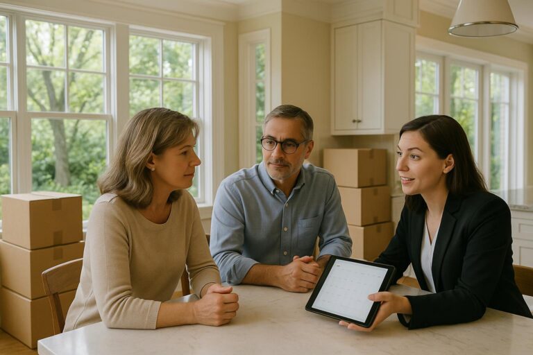 Forest Hills homeowners and agent discussing move-out timeline with moving boxes