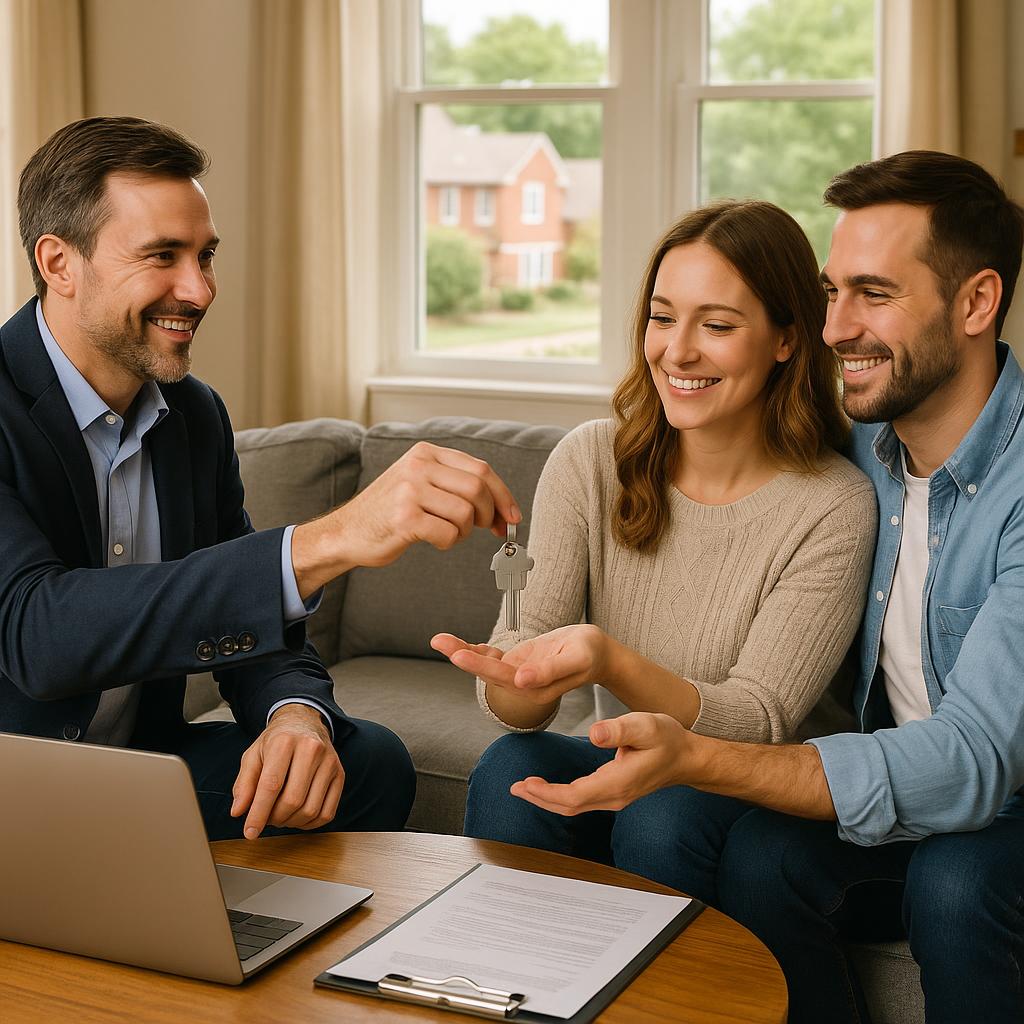 Grand Rapids home seller and agent discussing move-out and buyer possession timing in a packed living room.