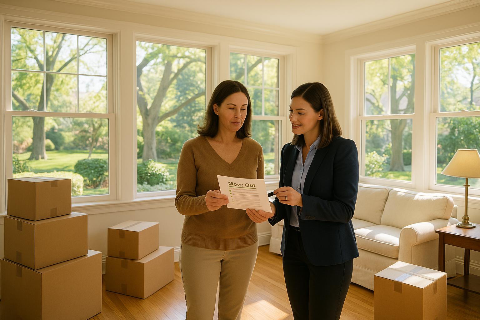Forest Hills homeowner and agent reviewing move-out timing with moving boxes