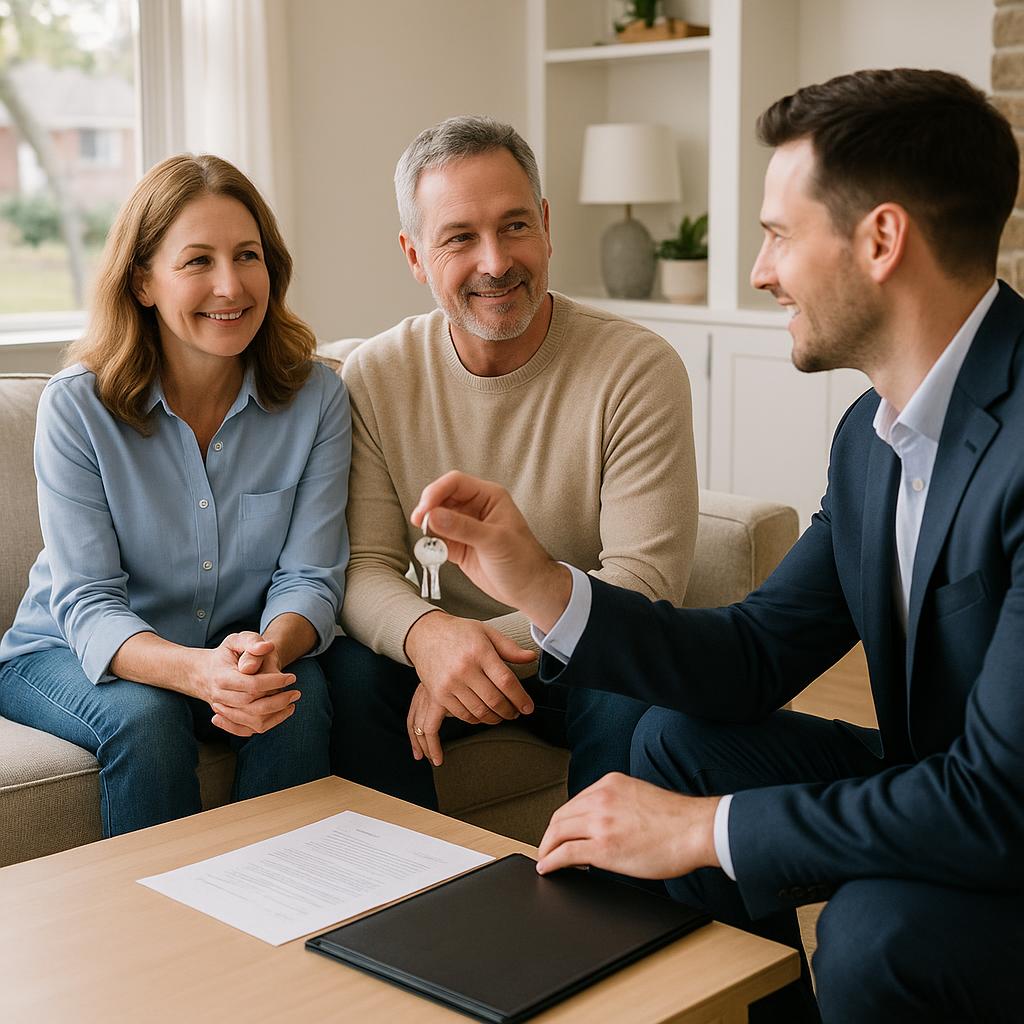 Grand Rapids home seller and real estate agent reviewing listing activity in a quiet, well-staged living room