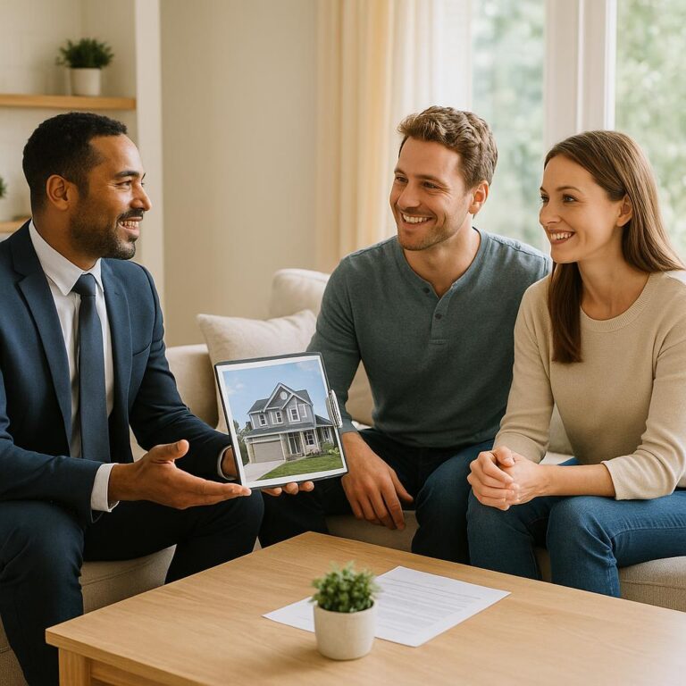 Grand Rapids couple and real estate agent reviewing a downsizing home prep checklist in a tidy living room with moving boxes.