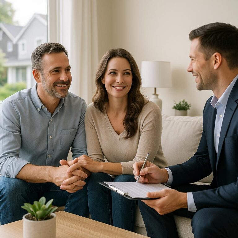 Grand Rapids homeowner and home inspector discussing inspection checklist in a well-prepared living room.