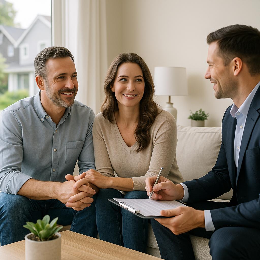 Grand Rapids homeowner and home inspector discussing inspection checklist in a well-prepared living room.
