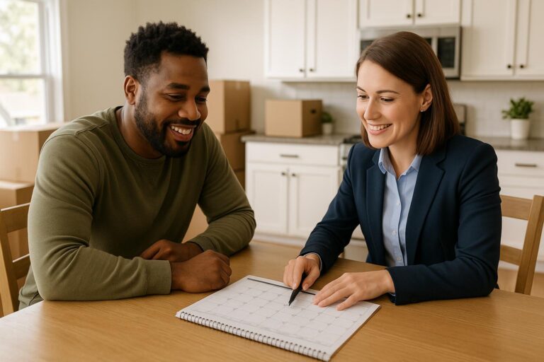 A Grand Rapids homeowner and real estate agent discussing the home sale timeline at a kitchen table with moving boxes in the background.