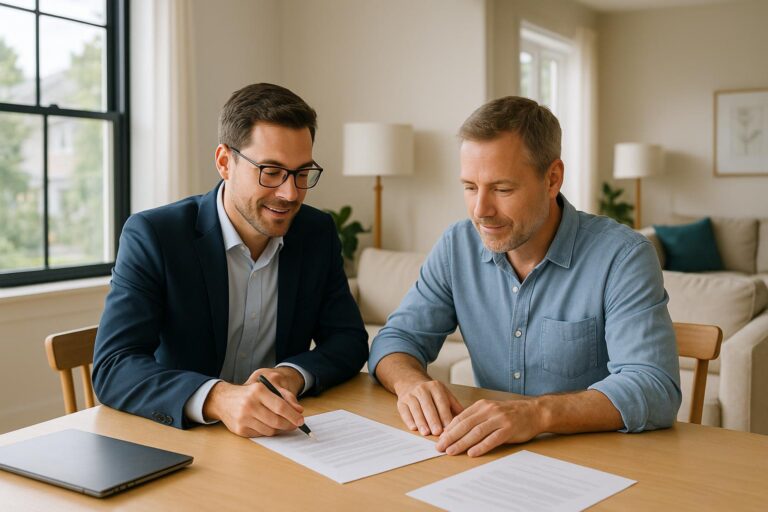 Agent and homeowner in a Grand Rapids living room reviewing documents after a home sale falls through.
