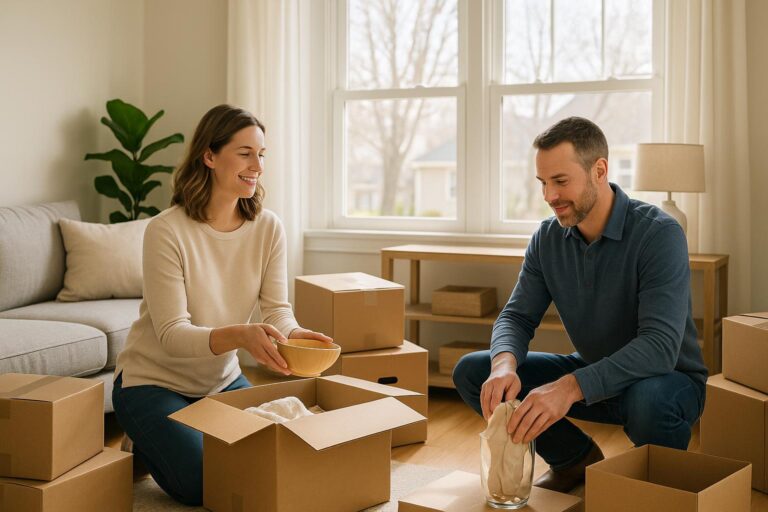 Grand Rapids homeowners calmly packing boxes in a bright living room to prepare for a move