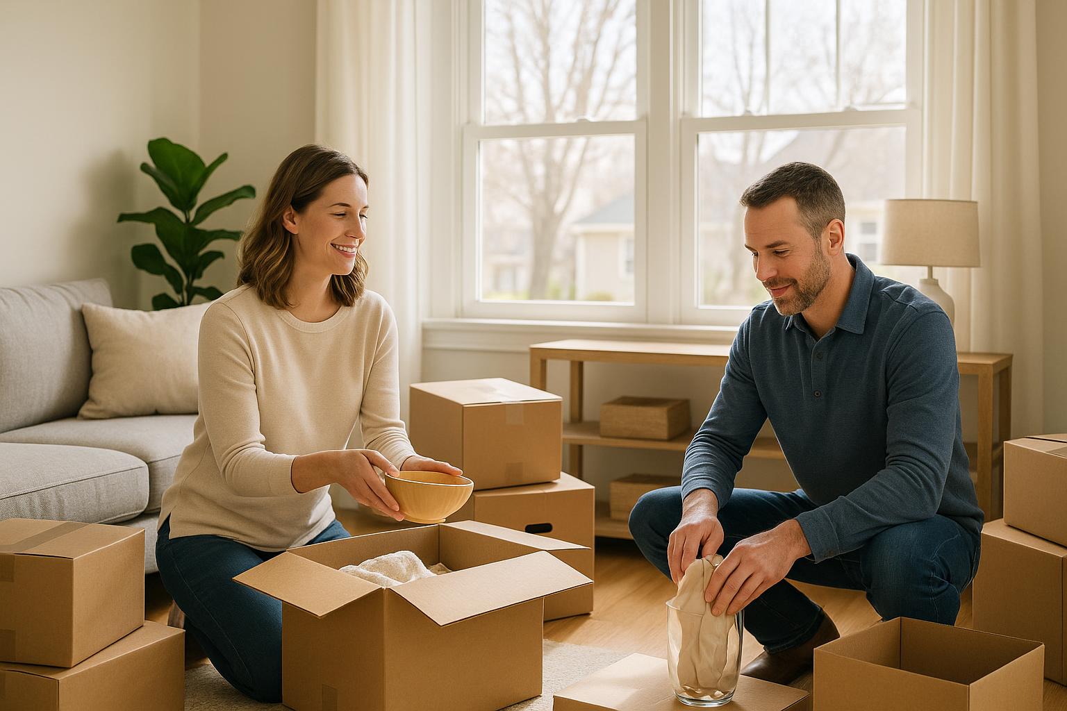 Grand Rapids homeowners calmly packing boxes in a bright living room to prepare for a move