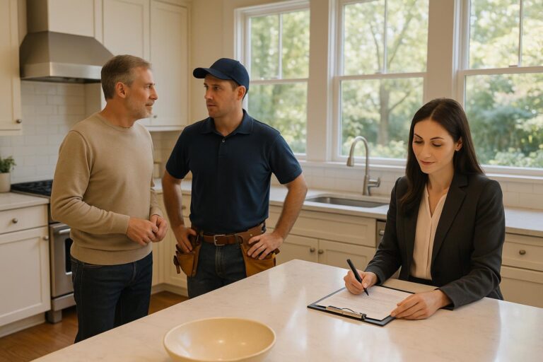 Forest Hills homeowner discussing possible repairs with a contractor and real estate agent in a bright kitchen.