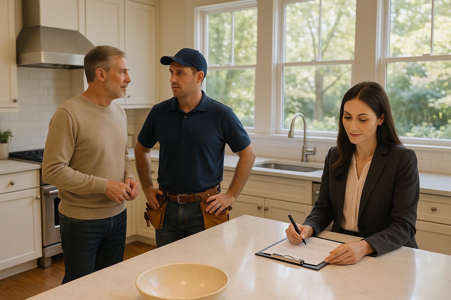 Forest Hills homeowner discussing possible repairs with a contractor and real estate agent in a bright kitchen.