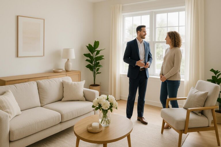 A Grand Rapids living room staged for a home showing, with natural light and two adults reviewing final details.