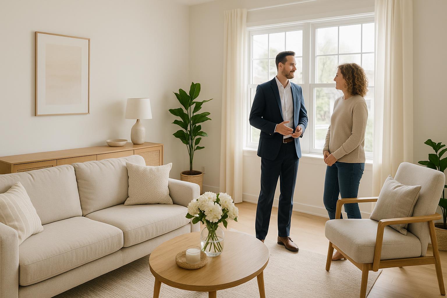 A Grand Rapids living room staged for a home showing, with natural light and two adults reviewing final details.
