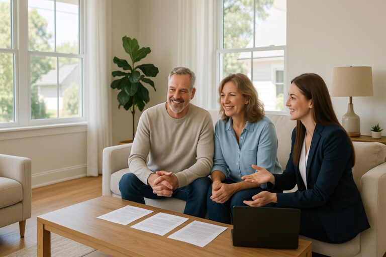 Grand Rapids homeowners and a real estate agent discuss home sale options in a bright living room.