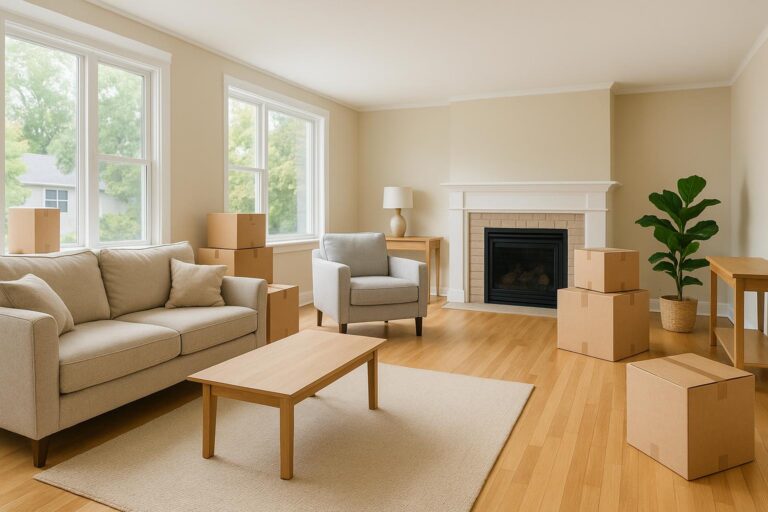 Bright Grand Rapids living room with furniture left behind and moving boxes nearby