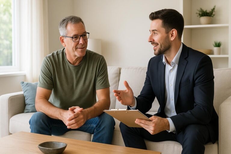 A Grand Rapids homeowner and real estate agent reviewing a preparation checklist together in a bright, clean living room.