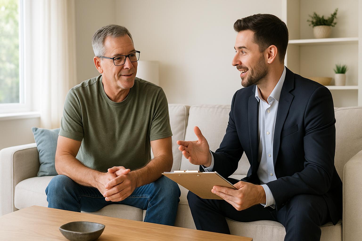 A Grand Rapids homeowner and real estate agent reviewing a preparation checklist together in a bright, clean living room.