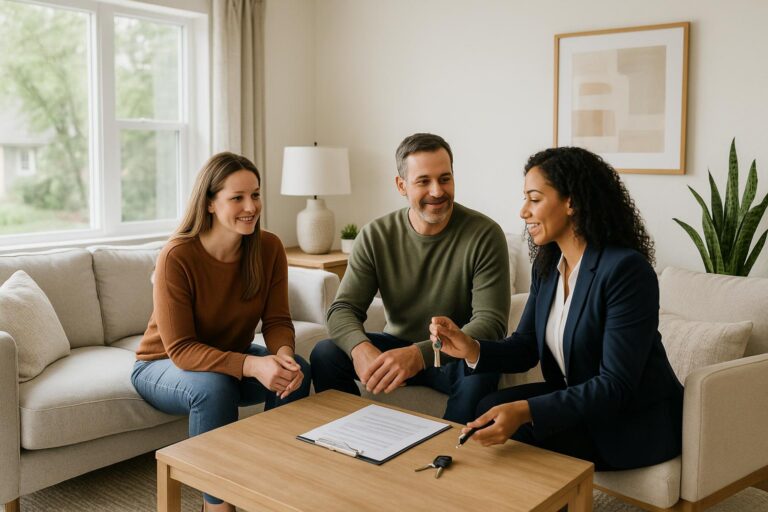 Sellers, buyers, and a real estate agent discussing immediate possession in a Grand Rapids living room