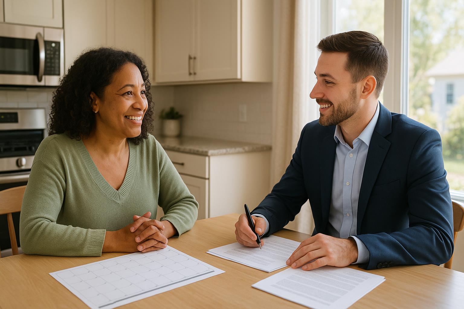 Grand Rapids homeowner and real estate agent discussing a possible closing extension at a kitchen table.