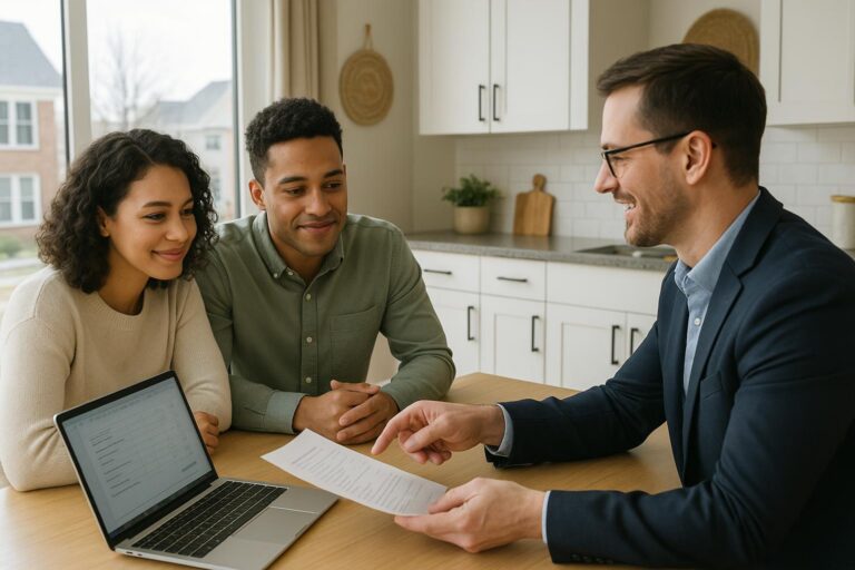 First-time buyers and agent reviewing condo association fees in a modern Grand Rapids condo kitchen.