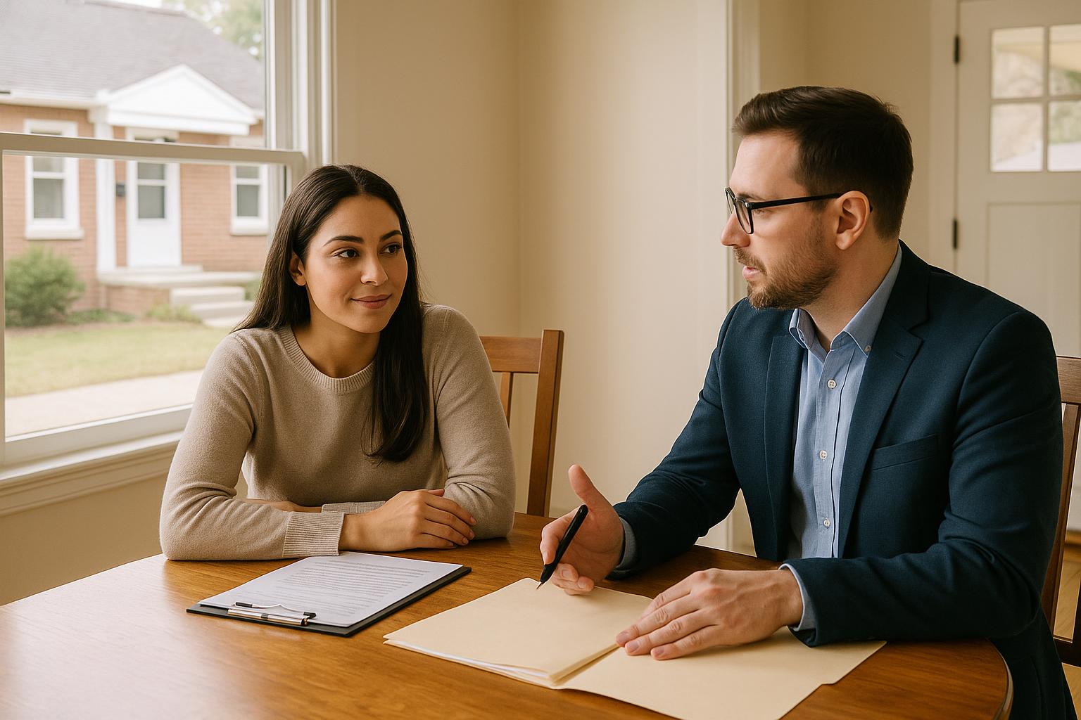 First-time buyers and their agent review HOA documents and budget worksheets in a bright Grand Rapids condo kitchen.
