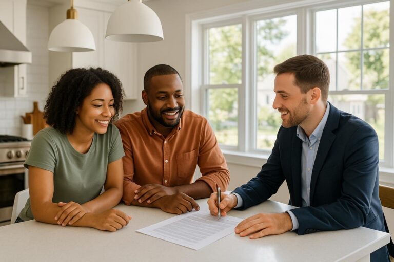 Grand Rapids home buyers discuss contract contingencies with their real estate agent at a kitchen island, paperwork in hand, in a bright West Michigan home.