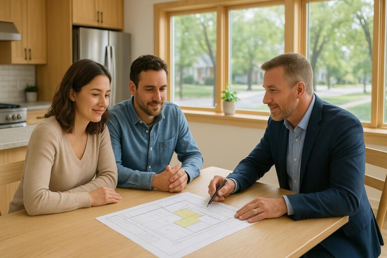 Grand Rapids homebuyers and agent reviewing a property survey map with highlighted easements at a kitchen table in a bright, welcoming Michigan home.