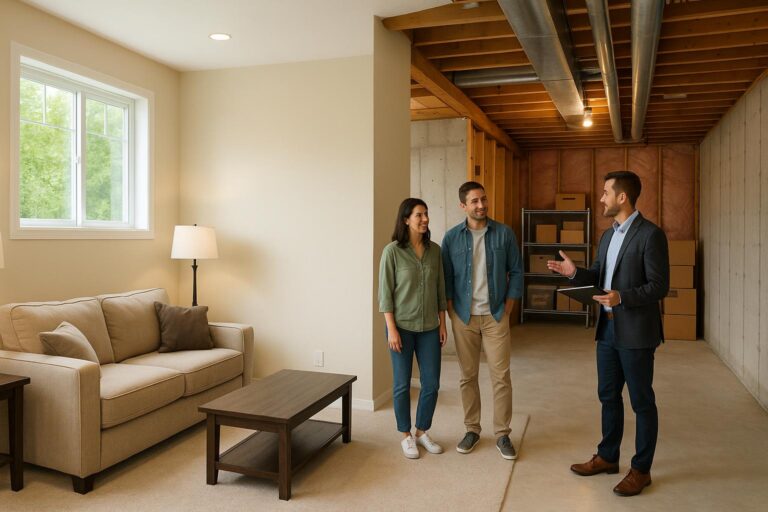 A Grand Rapids couple and their agent discussing the pros and cons of a finished versus unfinished basement in a bright local home.