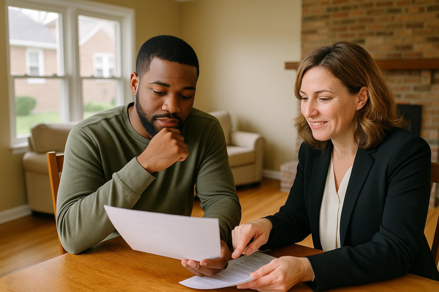 First-time homebuyers with a local agent reviewing utility costs in a sunny Grand Rapids living room with wood trim and radiator.