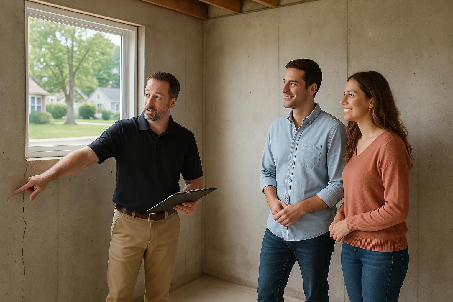 A home inspector and buyers examine a Grand Rapids basement foundation wall for cracks and moisture issues during a daylight inspection.