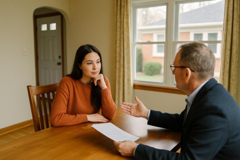 A home inspector reviews a checklist with first-time buyers and their agent inside a well-lit Grand Rapids living room.