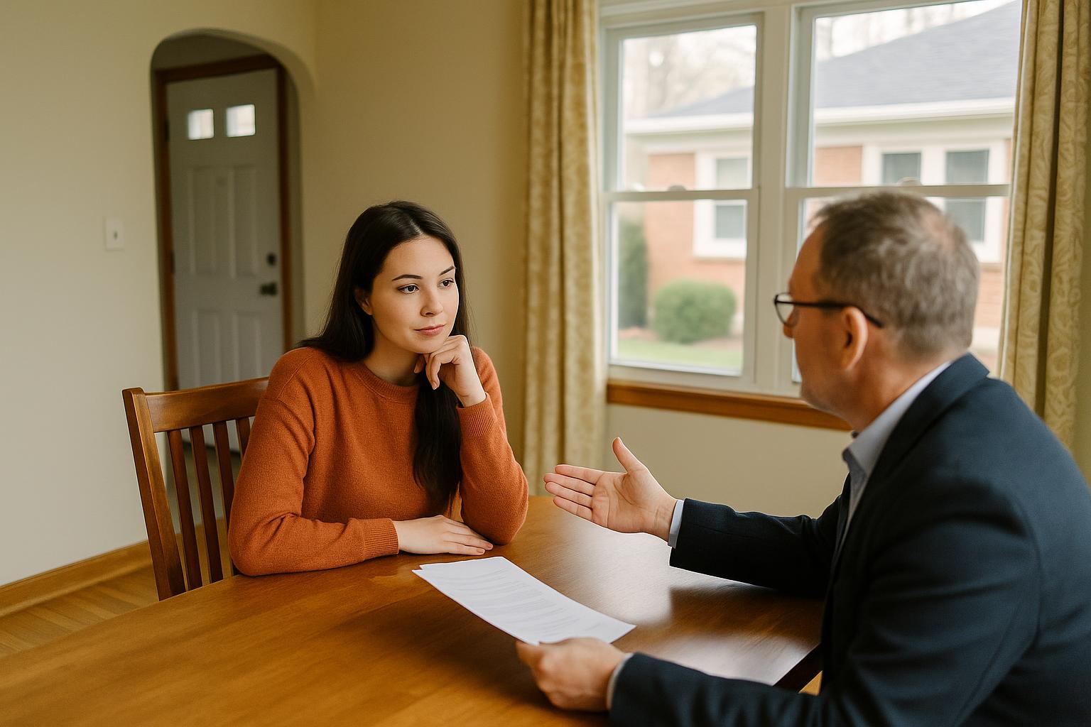 A home inspector reviews a checklist with first-time buyers and their agent inside a well-lit Grand Rapids living room.