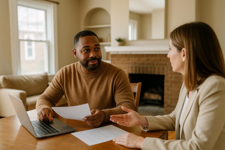First-time buyers and their agent review a home maintenance checklist in a bright Grand Rapids kitchen.