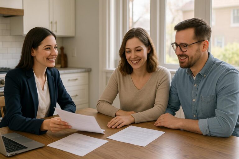 A couple and their real estate agent reviewing a home offer deadline together in a sunny Grand Rapids kitchen.