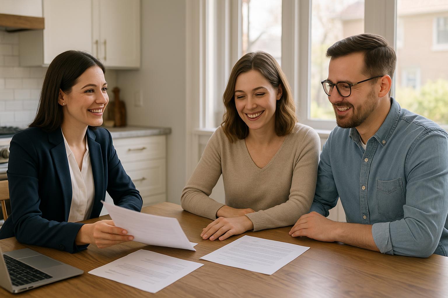 A couple and their real estate agent reviewing a home offer deadline together in a sunny Grand Rapids kitchen.