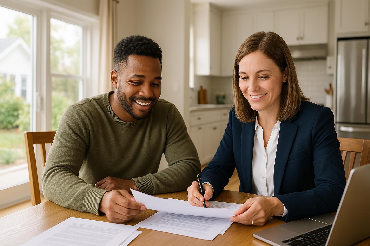 Grand Rapids homebuyer and agent reviewing title documents together at a kitchen table.