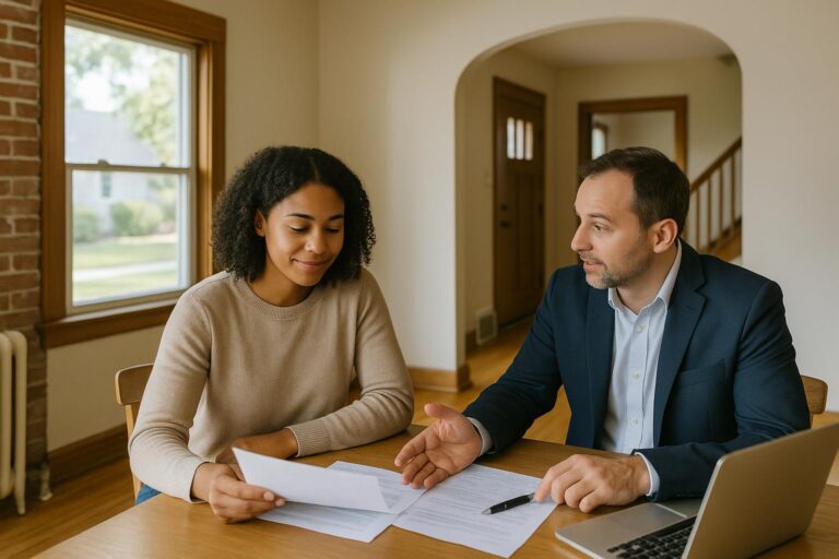 First-time homebuyers in a Grand Rapids living room reviewing homeowners insurance options with an insurance agent.