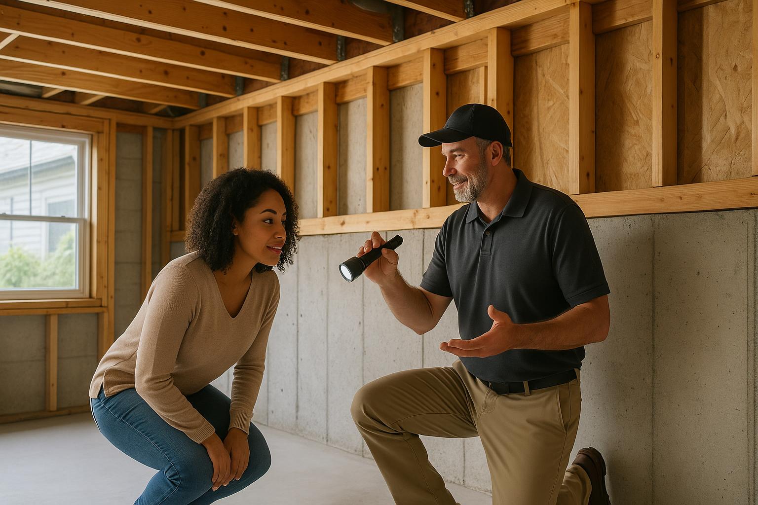 A Grand Rapids home inspector and buyer examining a basement wall for pest signs during a daylight pest inspection.