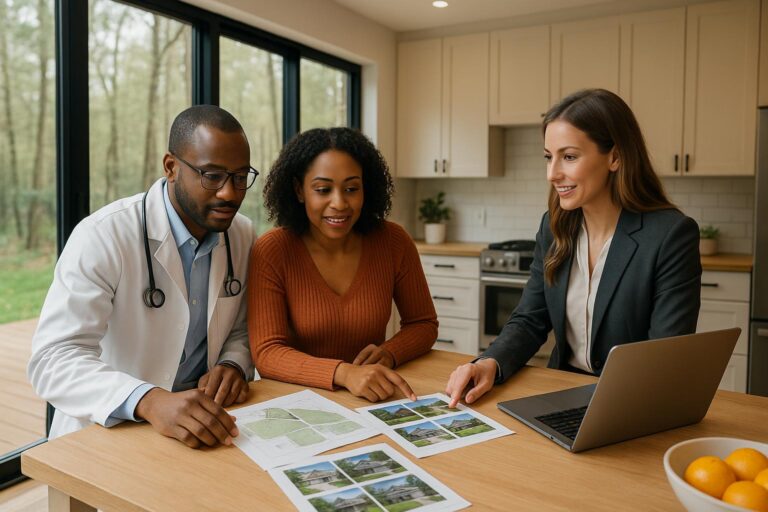 Grand Rapids physician couple and real estate agent reviewing home options with acreage in a bright, modern kitchen overlooking a wooded backyard.