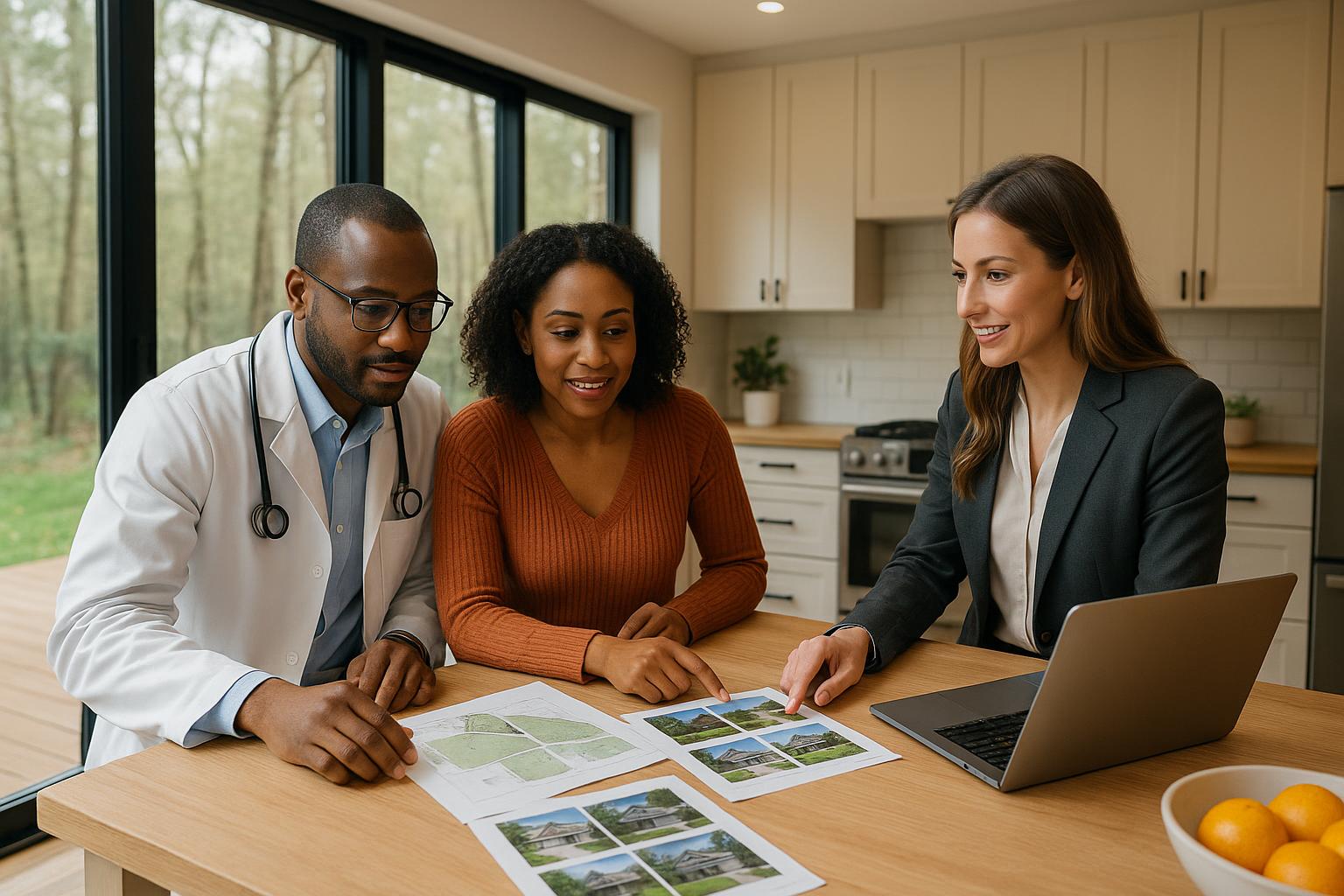 Grand Rapids physician couple and real estate agent reviewing home options with acreage in a bright, modern kitchen overlooking a wooded backyard.