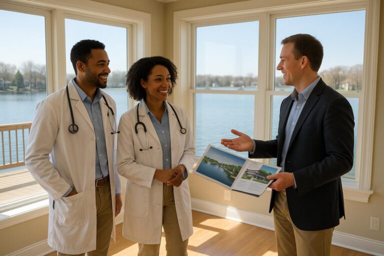 Physician couple and real estate agent discussing lakefront home options in a bright Grand Rapids kitchen with lake views.
