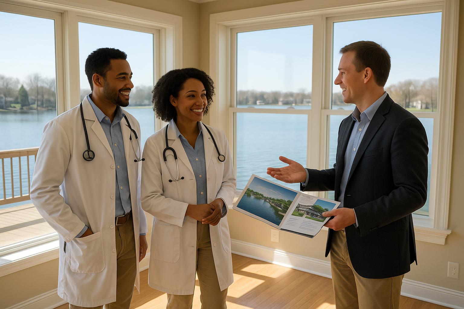 Physician couple and real estate agent discussing lakefront home options in a bright Grand Rapids kitchen with lake views.