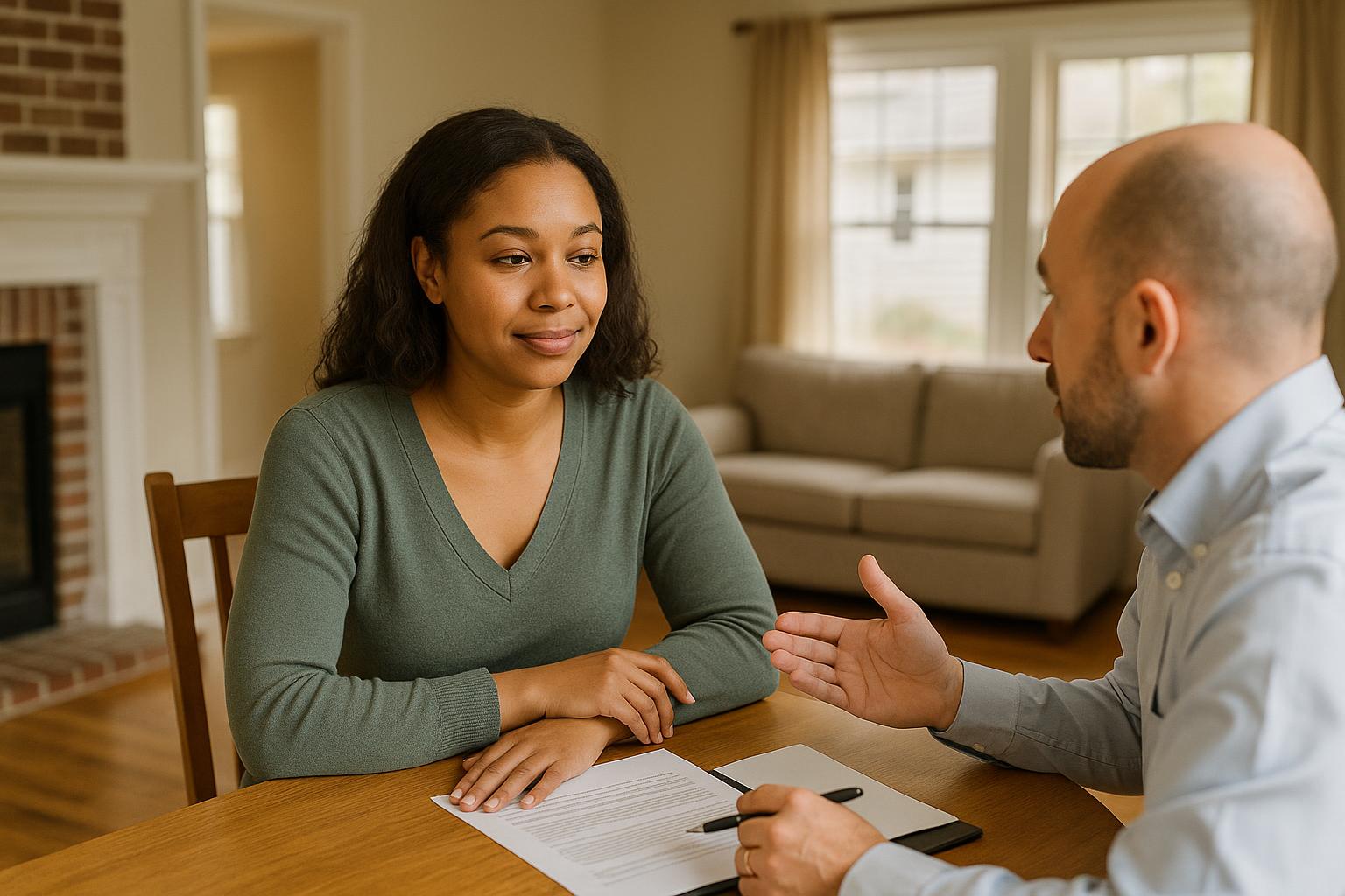 First-time homebuyers and a real estate agent reviewing a property tax statement at a kitchen table in a Grand Rapids home.
