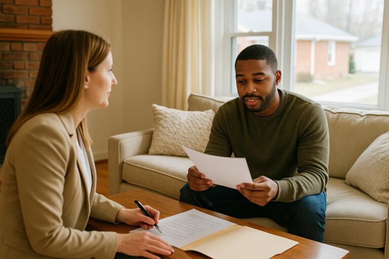 Young first-time homebuyers in a Grand Rapids kitchen review a property tax estimate with a local real estate agent in natural daylight.
