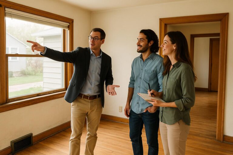 Grand Rapids real estate agent discussing renovation options with buyers in a naturally lit living room.