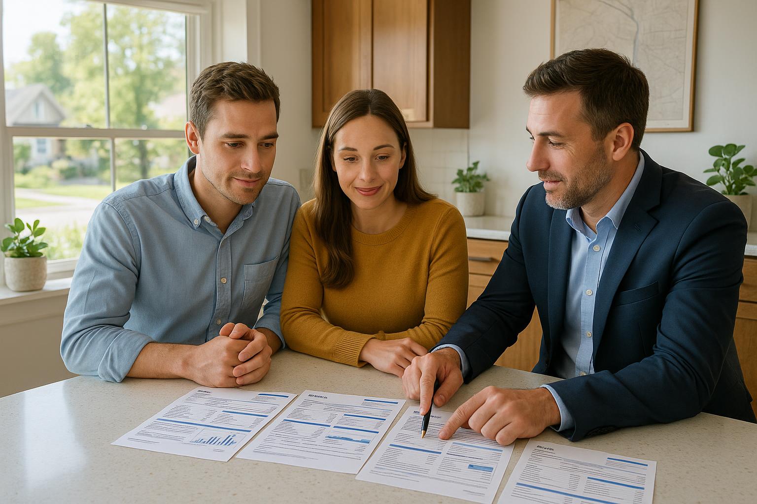 Grand Rapids home buyers and agent reviewing actual utility bills together in a bright kitchen, discussing costs for electric, gas, water, and trash service.